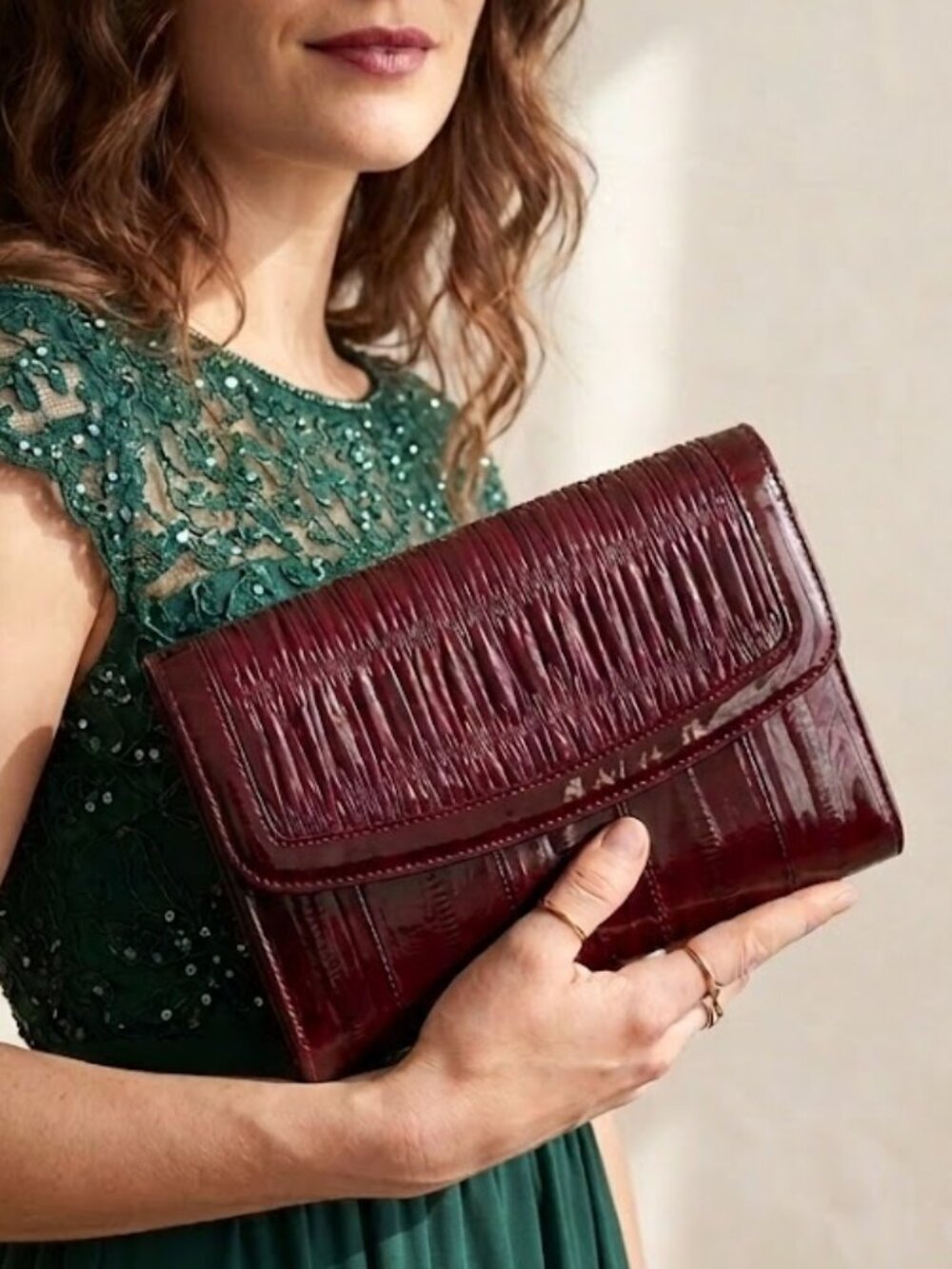 Vintage 1980s genuine eel skin clutch, reddish-burgundy, made in Korea.
